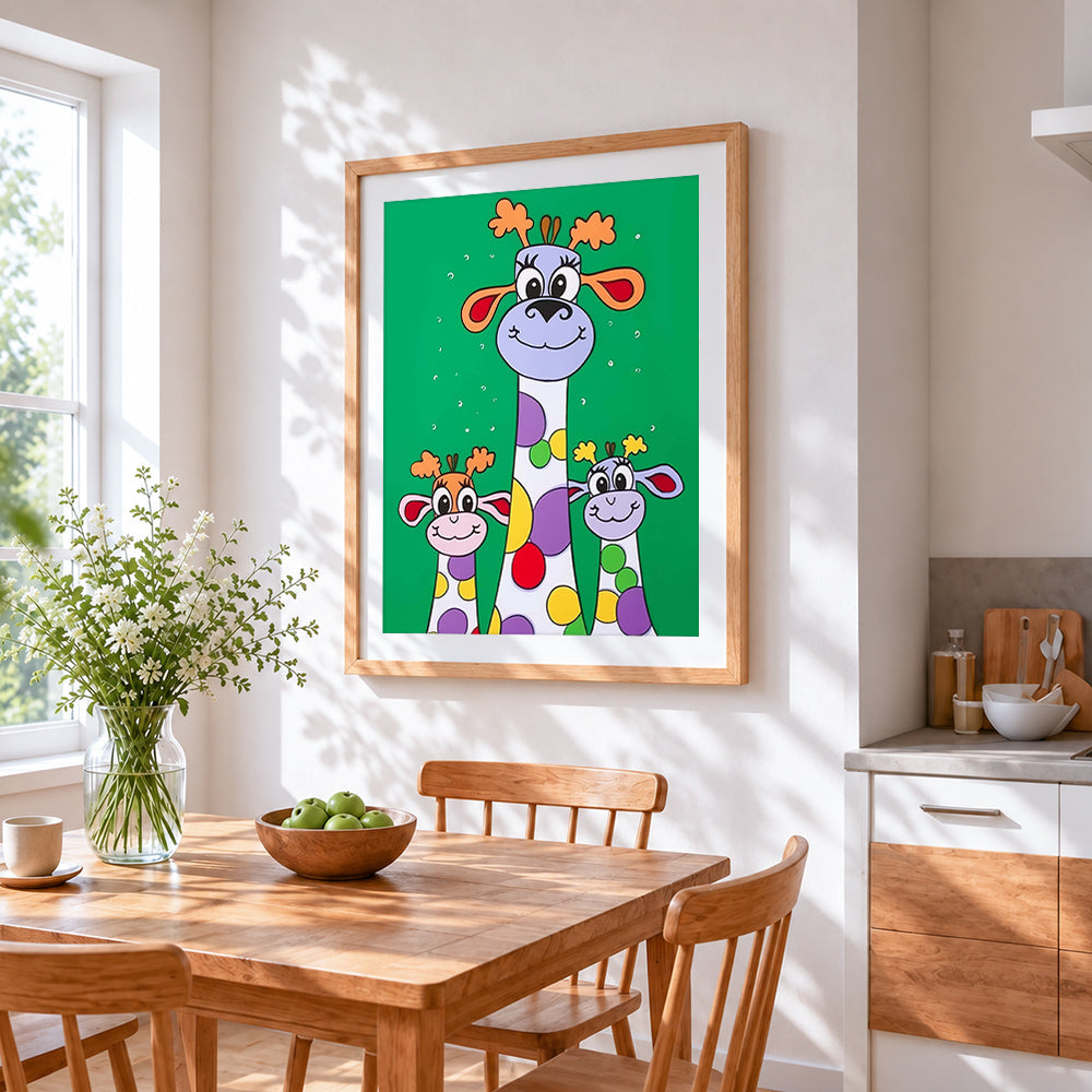 Colourful cartoon giraffes cross stitch artwork displayed on wall as home decor