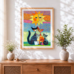 Finished colourful cat family and sun cross stitch artwork displayed
