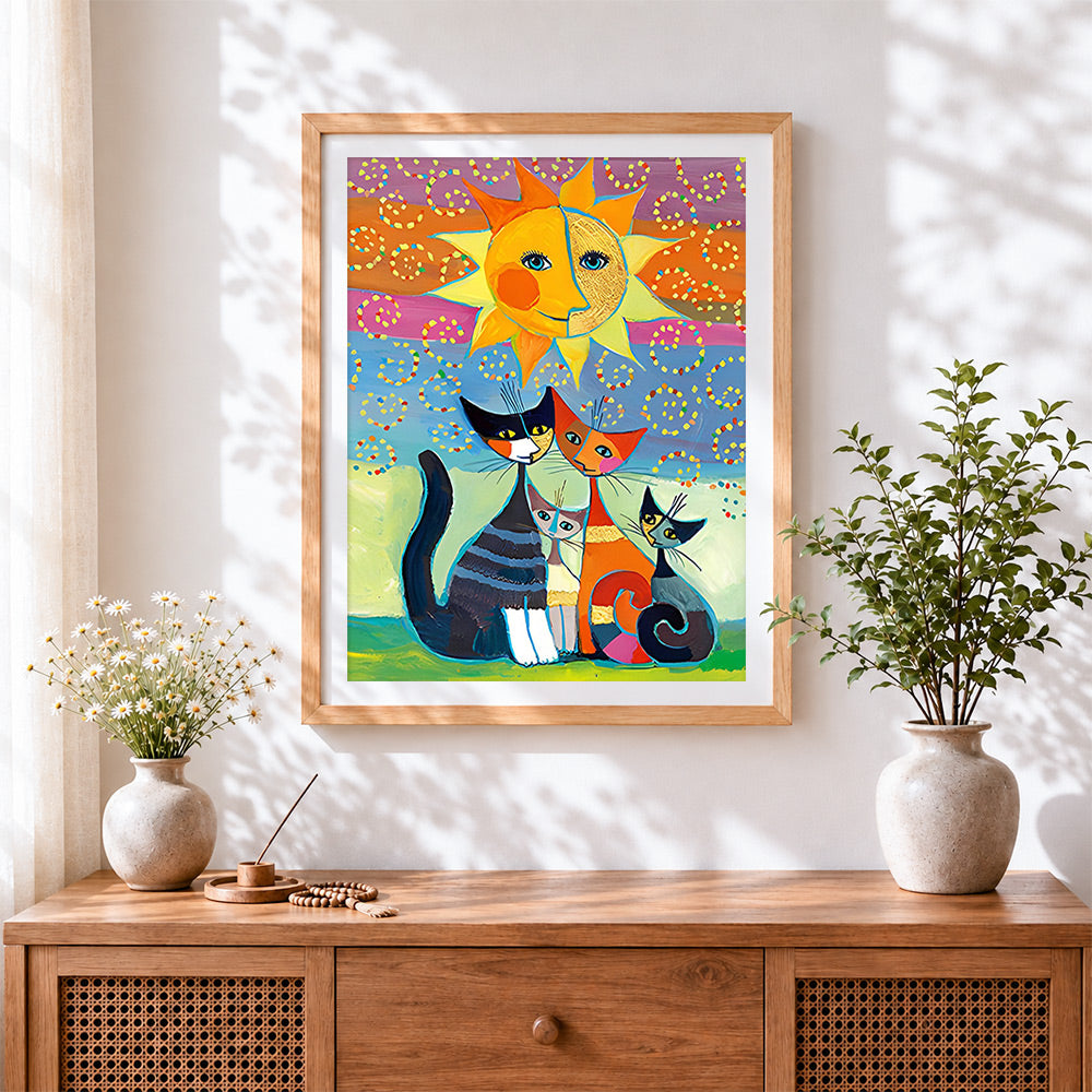 Finished colourful cat family and sun cross stitch artwork displayed