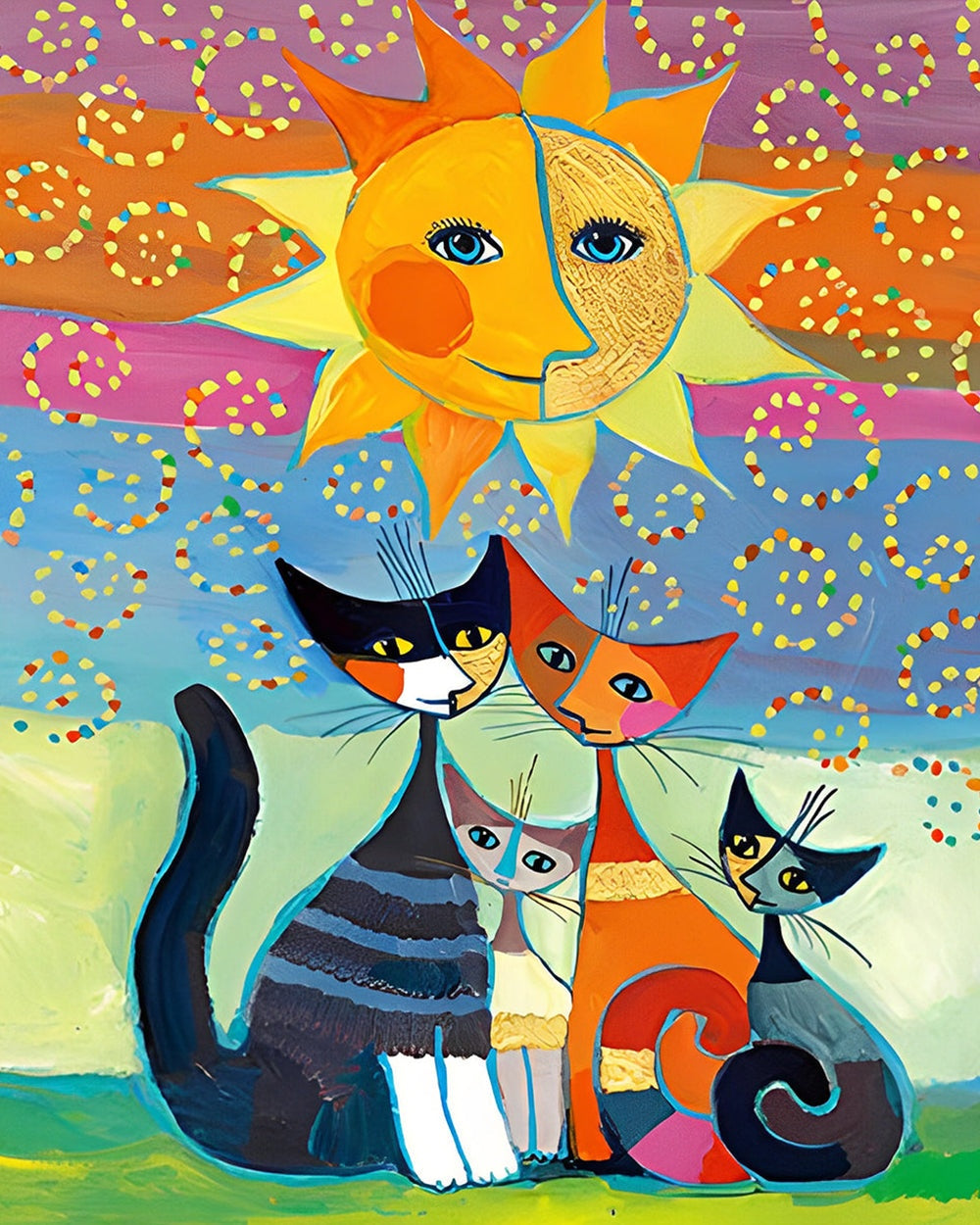 Colourful cat family and sun cross stitch kit for beginners