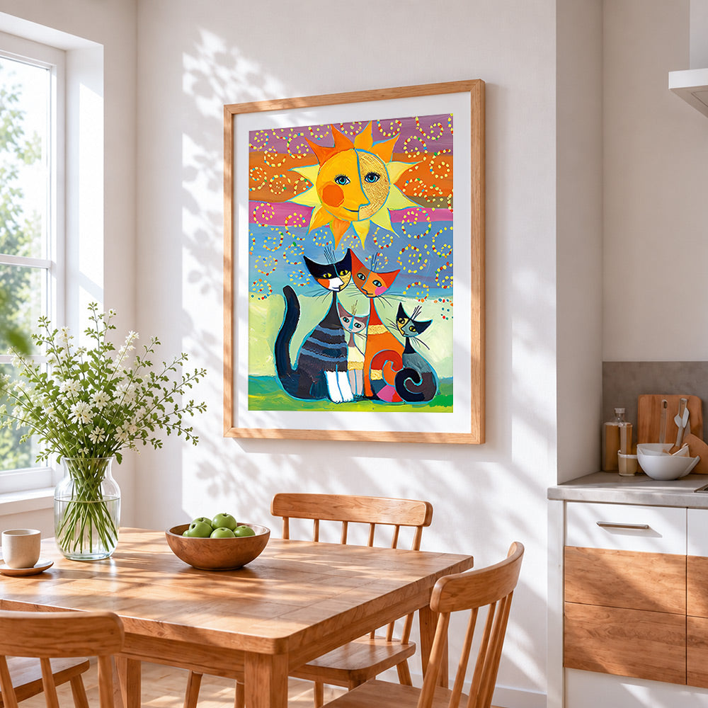 Colourful cat family and sun cross stitch artwork displayed on wall as home decor