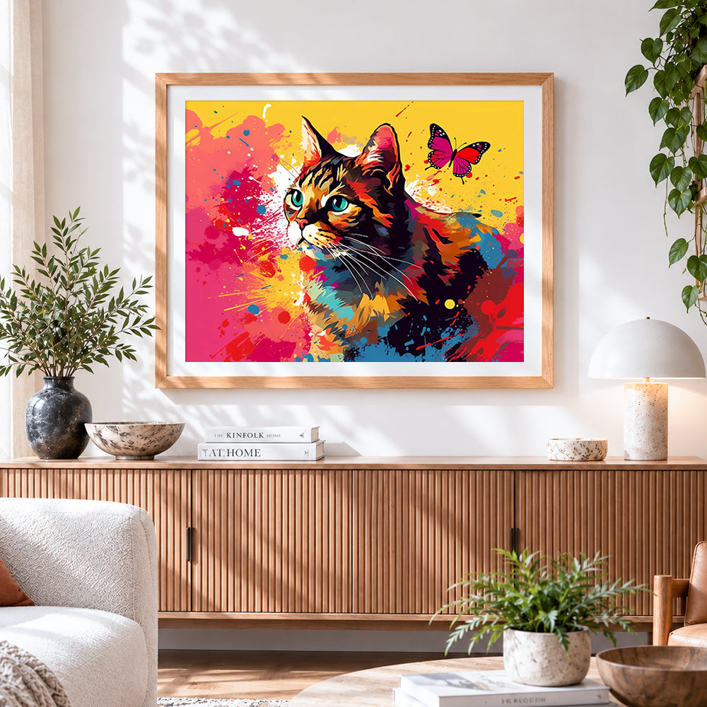 Finished colourful cat with a butterfly cross stitch artwork displayed