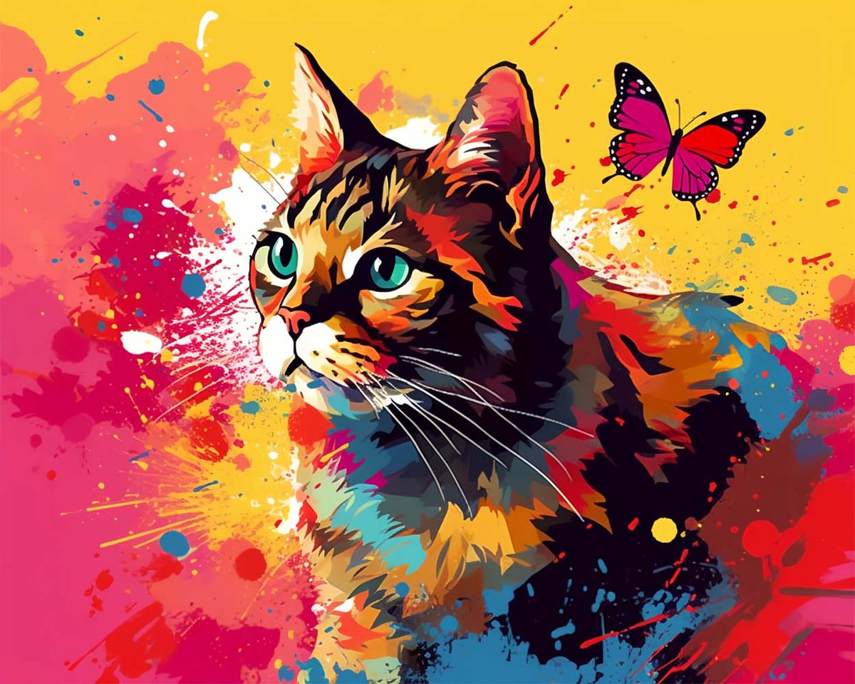 Colourful cat with a butterfly cross stitch kit for beginners