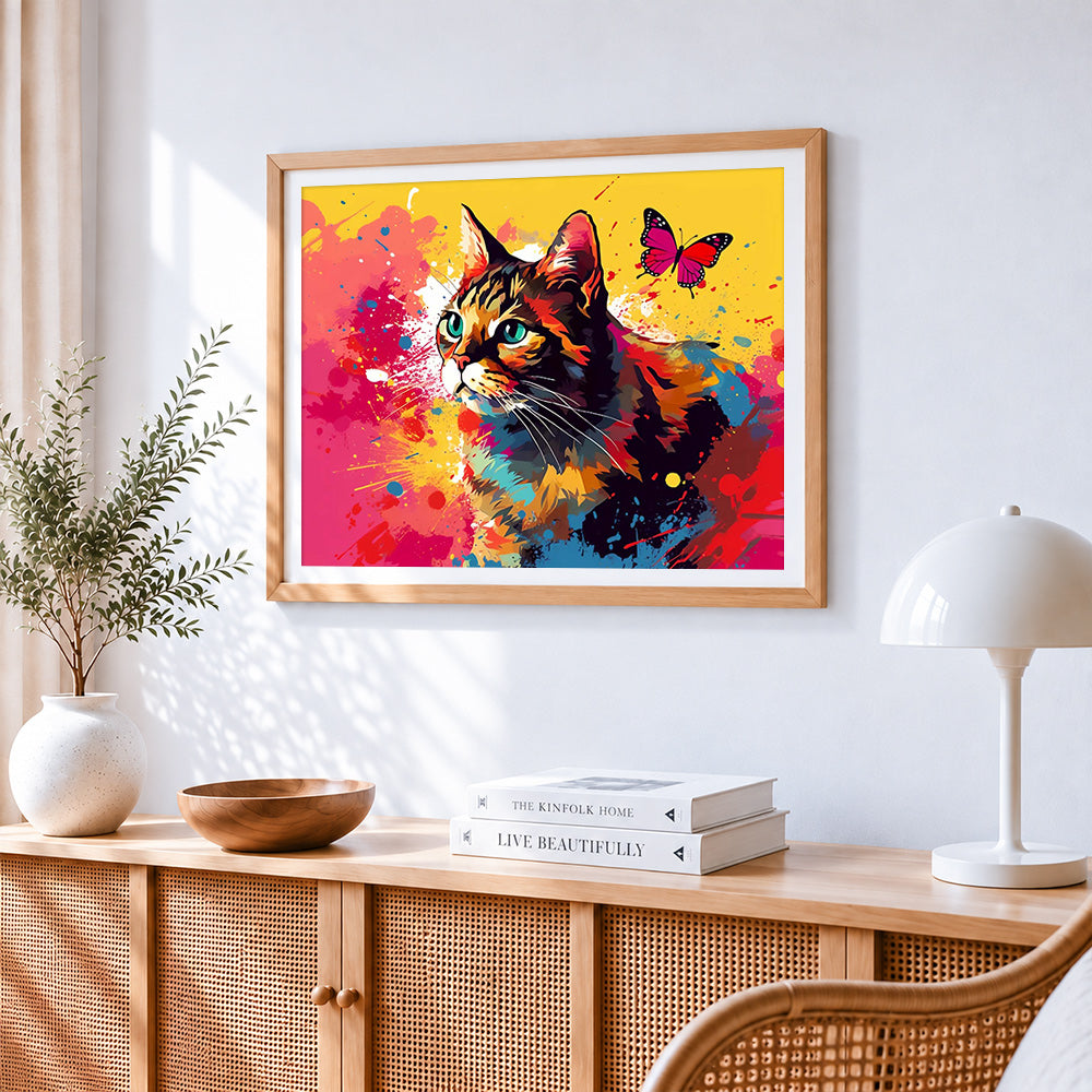 Colourful cat with a butterfly cross stitch artwork displayed on wall as home decor