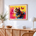 Colourful cat with a butterfly cross stitch artwork displayed on wall as home decor