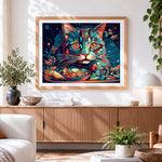 Finished colourful cat with dinner bowl cross stitch artwork displayed