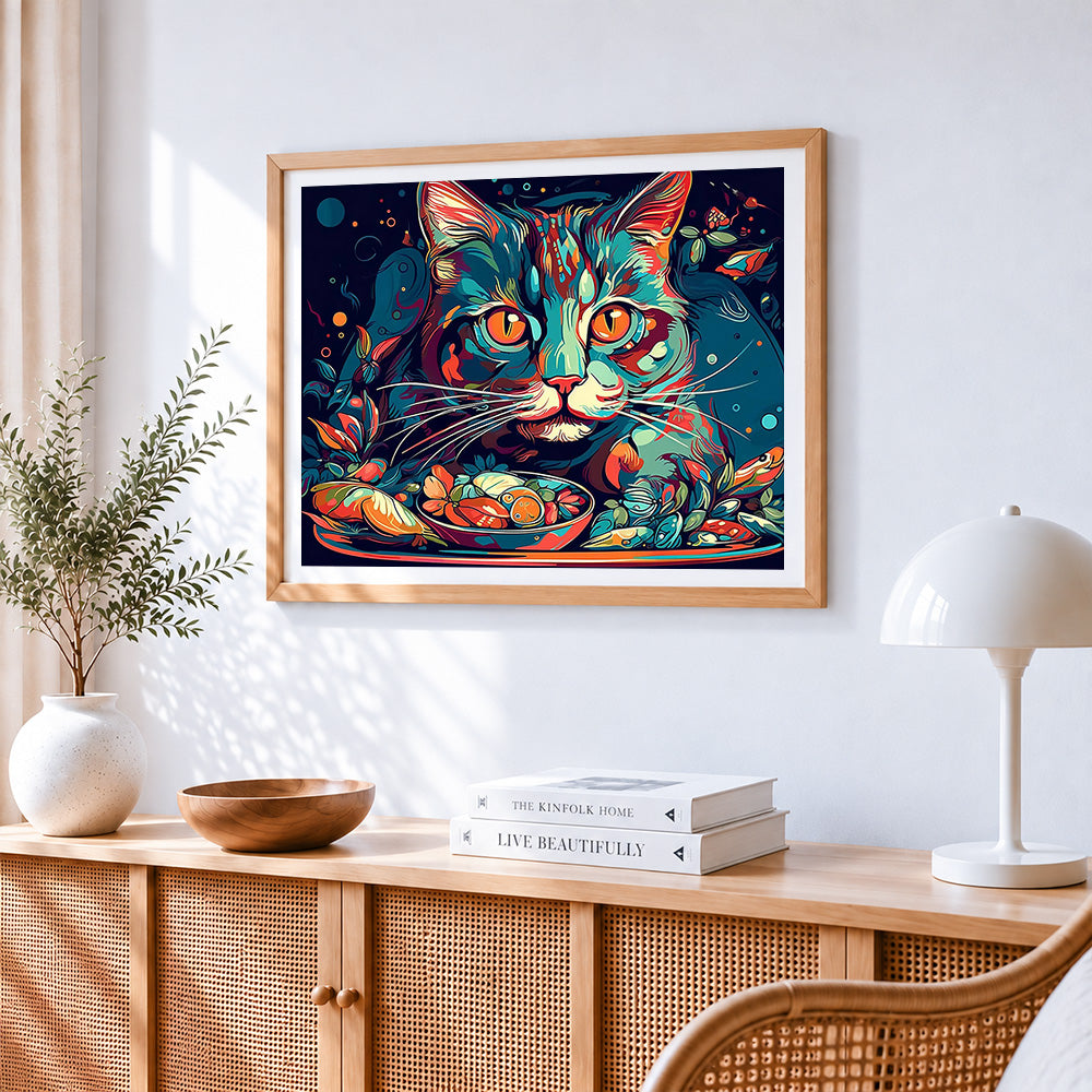 Colourful cat with dinner bowl cross stitch artwork displayed on wall as home decor