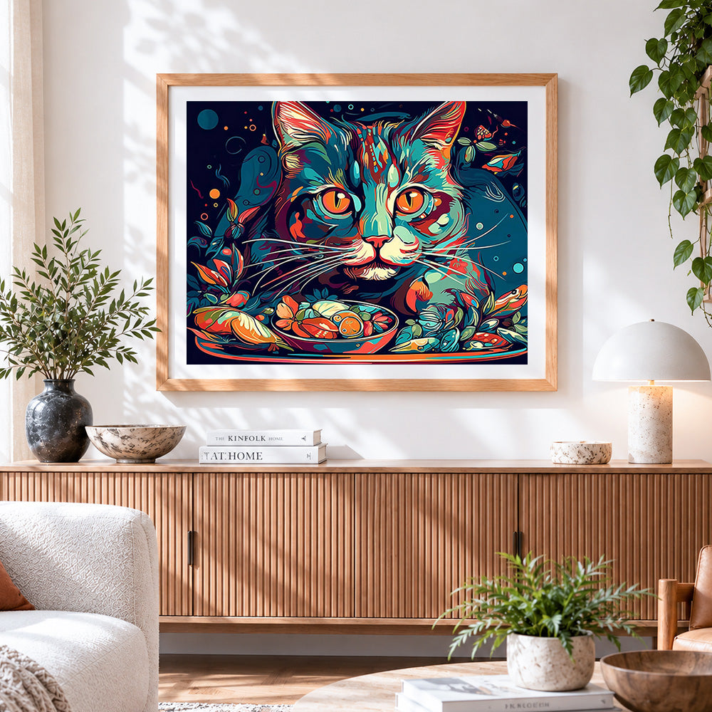 Finished colourful cat with dinner bowl paint by numbers artwork displayed as home decor