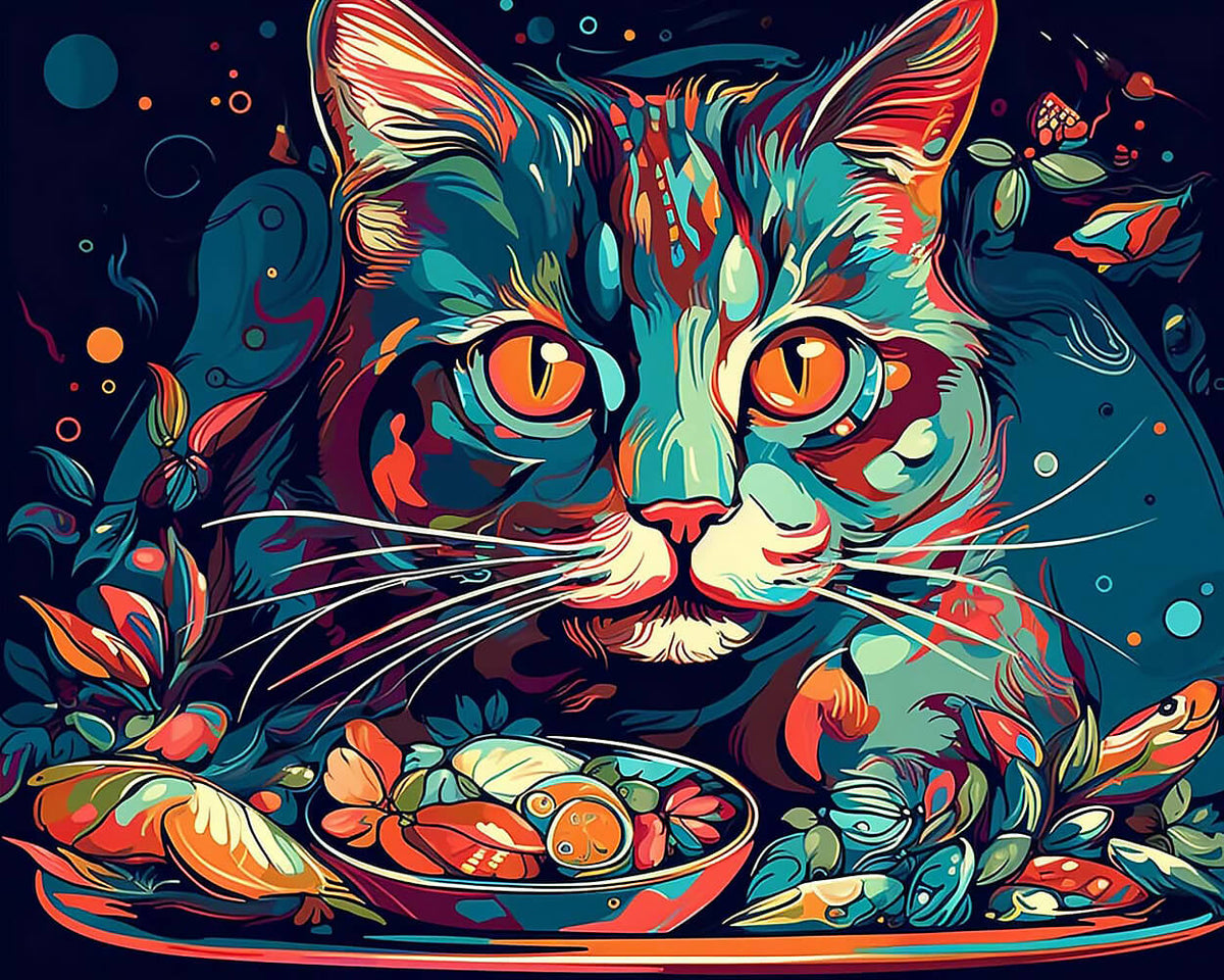 Colourful cat with dinner bowl paint by numbers kit for beginners