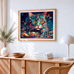 Colourful cat with dinner bowl paint by numbers artwork displayed on wall as home decor