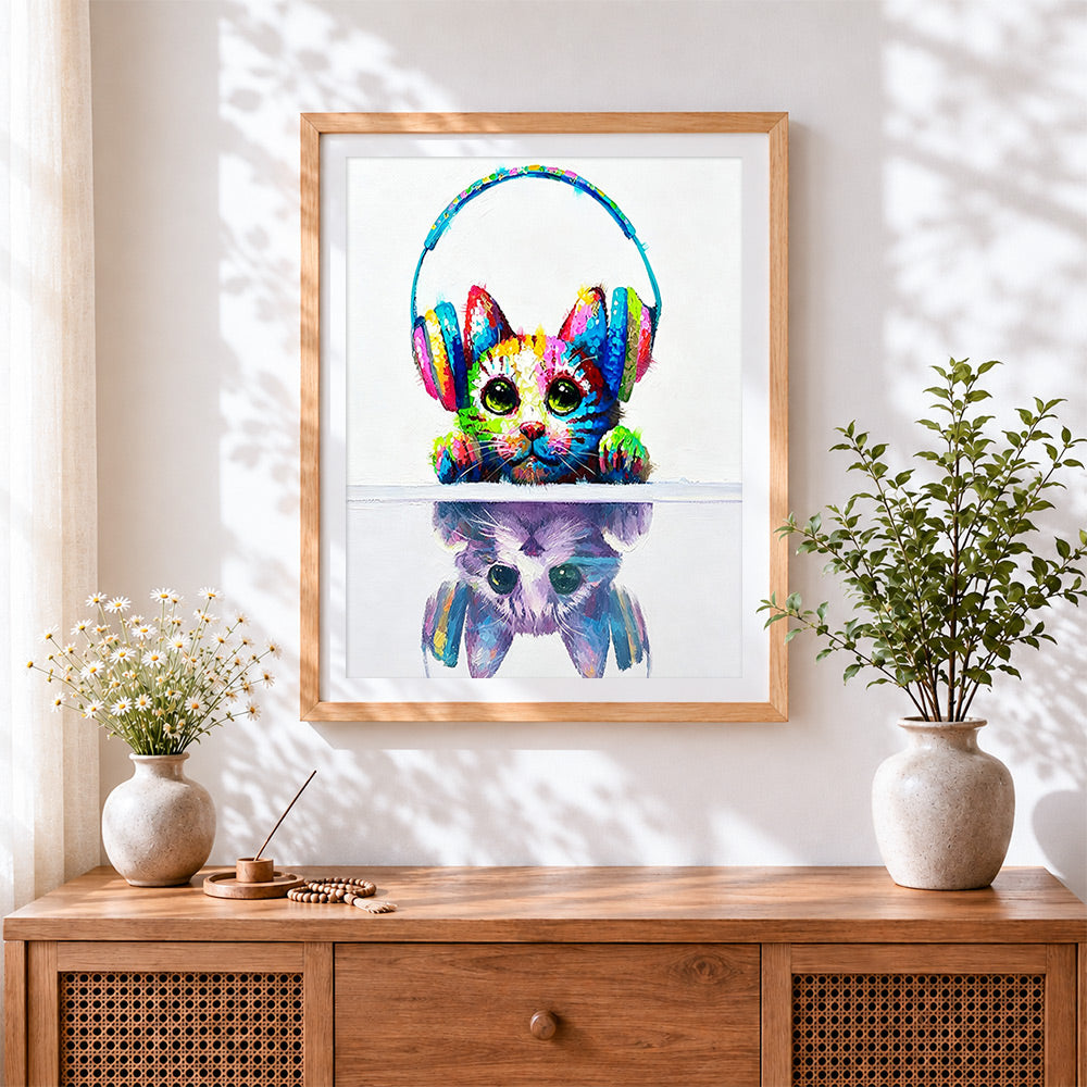 Finished colourful cat with headphones cross stitch artwork displayed