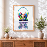 Finished colourful cat with headphones cross stitch artwork displayed
