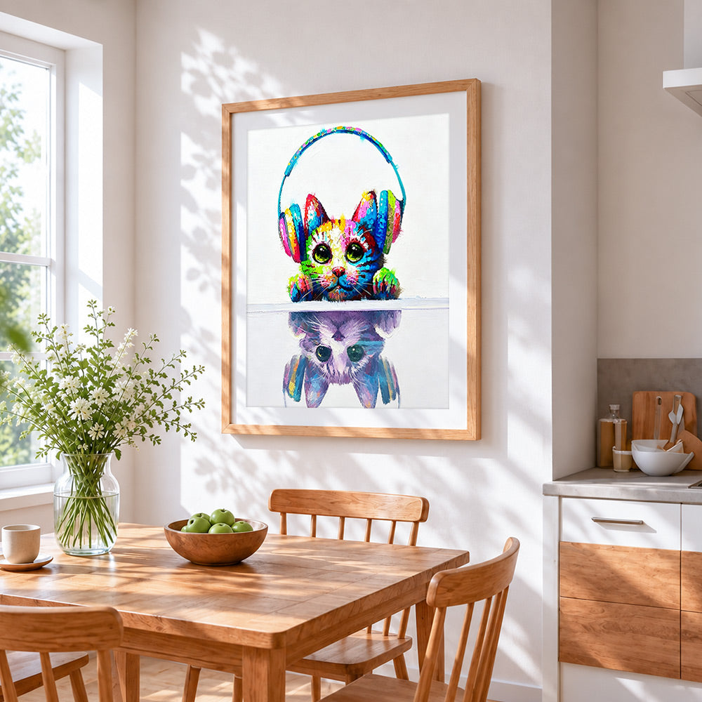 Colourful cat with headphones cross stitch artwork displayed on wall as home decor