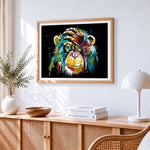 Colourful chimpanzee portrait paint by numbers artwork displayed on wall as home decor