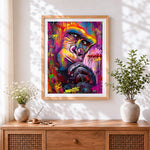 Finished colourful chimpanzee thinking cross stitch artwork displayed