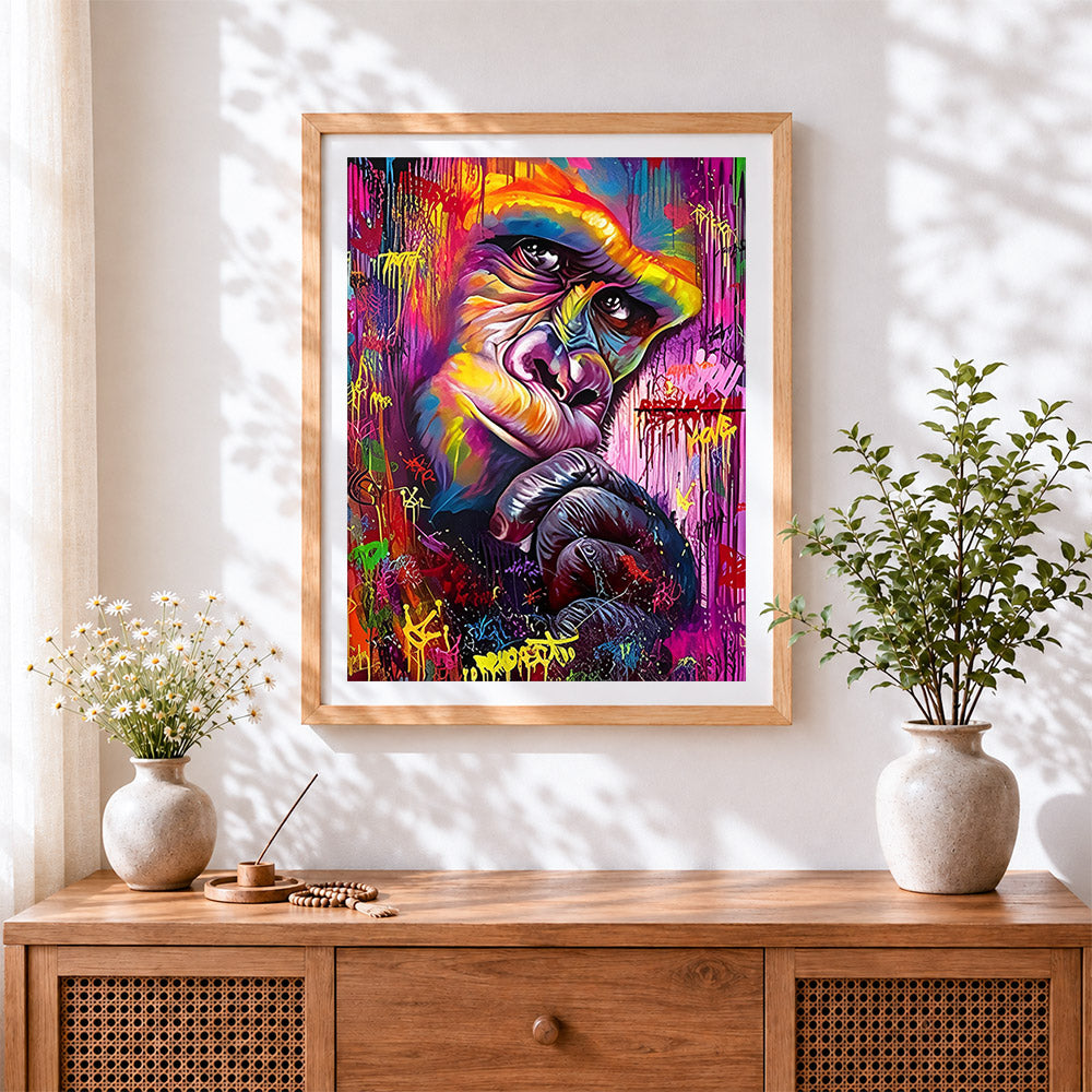 Finished colourful chimpanzee thinking cross stitch artwork displayed
