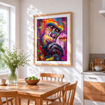 Colourful chimpanzee thinking cross stitch artwork displayed on wall as home decor