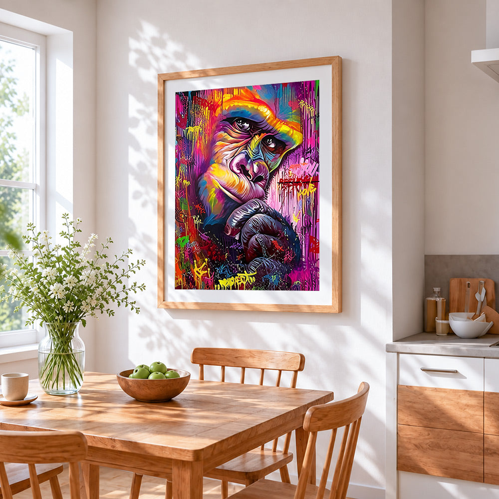 Colourful chimpanzee thinking cross stitch artwork displayed on wall as home decor