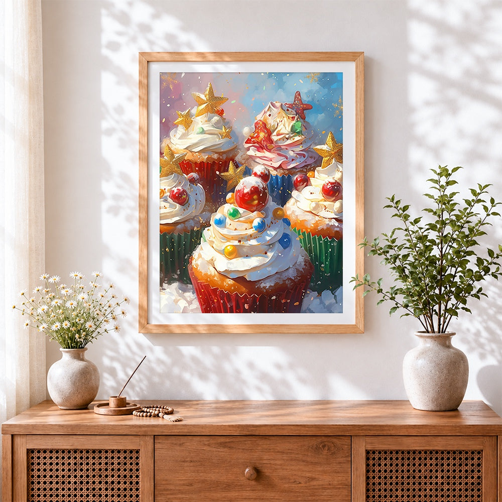 Finished colourful christmas cupcakes cross stitch artwork displayed
