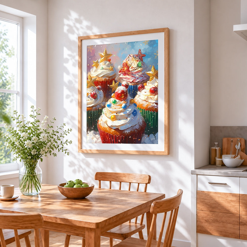 Colourful christmas cupcakes cross stitch artwork displayed on wall as home decor