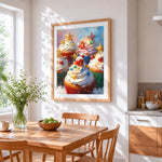 Colourful christmas cupcakes cross stitch artwork displayed on wall as home decor