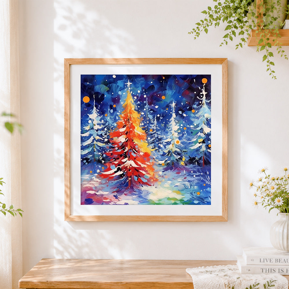 Finished colourful christmas tree forest cross stitch artwork displayed