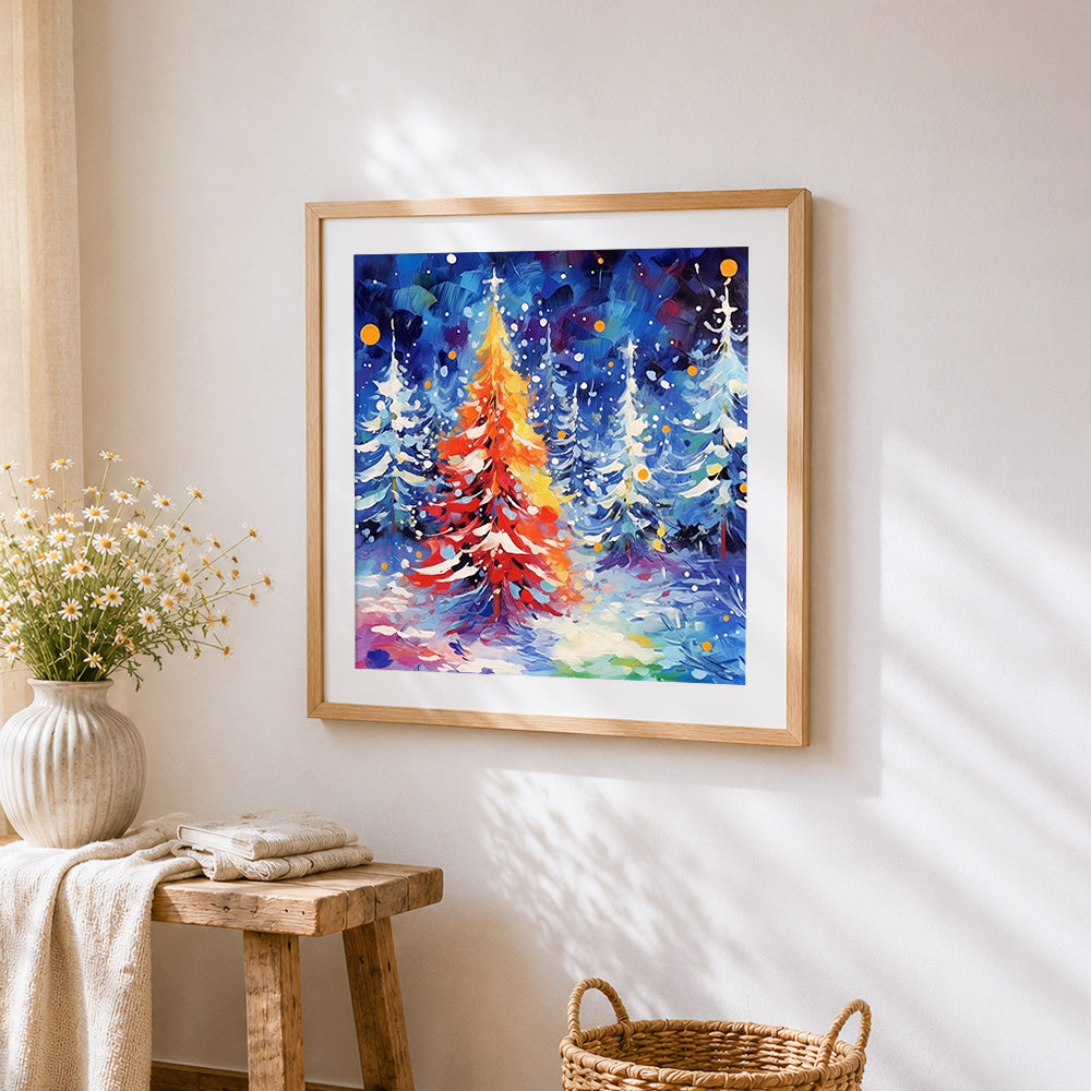 Colourful christmas tree forest cross stitch artwork displayed on wall as home decor