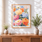 Finished colourful chrysanthemums cross stitch artwork displayed