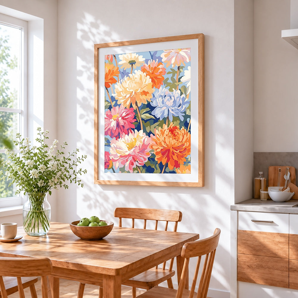 Colourful chrysanthemums cross stitch artwork displayed on wall as home decor