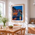 Colourful cinque terre at night cross stitch artwork displayed on wall as home decor