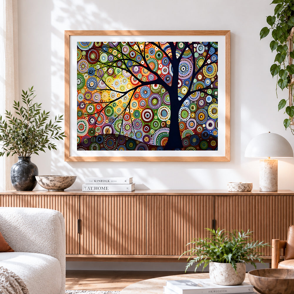 Finished colourful circle tree cross stitch artwork displayed