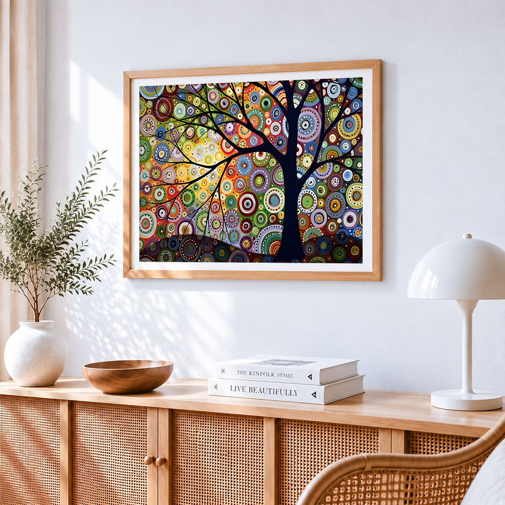 Colourful circle tree cross stitch artwork displayed on wall as home decor
