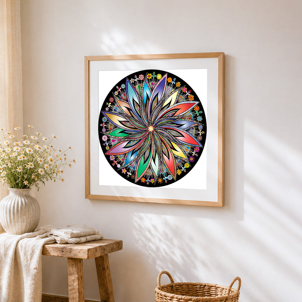 Colourful circular mandala cross stitch artwork displayed on wall as home decor