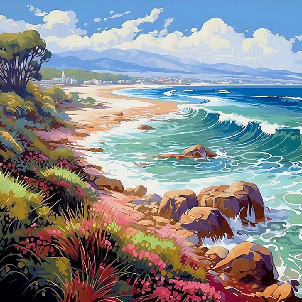 Colourful coastal cliffs and waves cross stitch kit for beginners