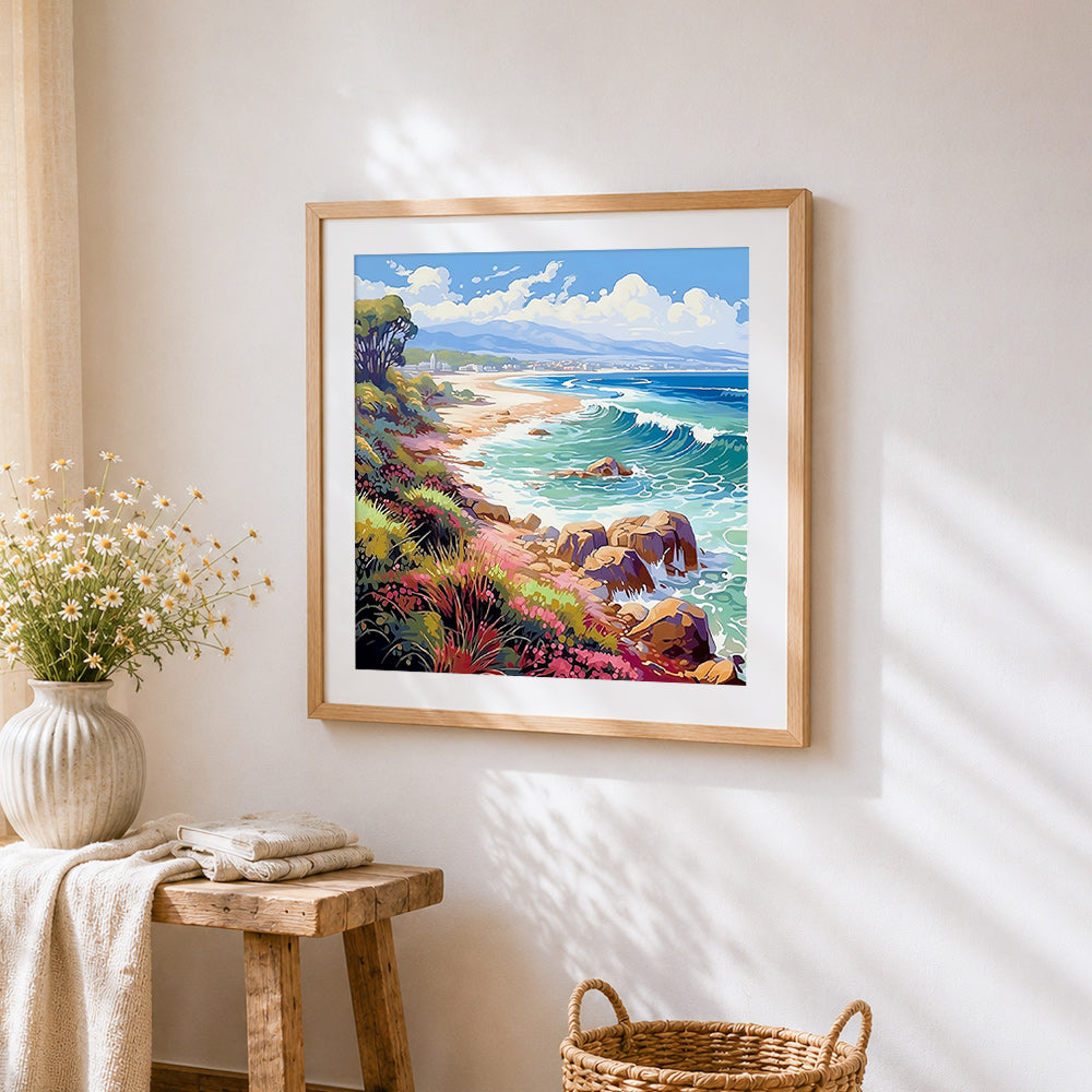 Colourful coastal cliffs and waves cross stitch artwork displayed on wall as home decor