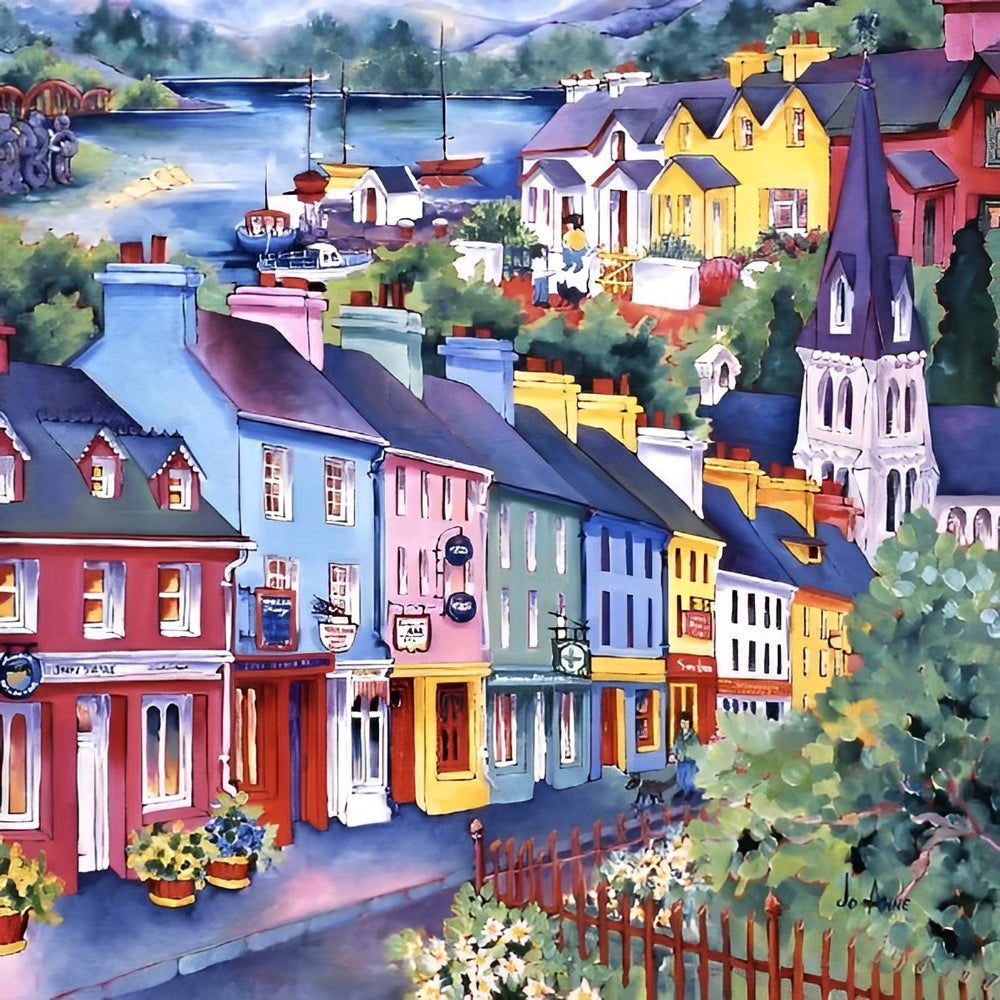 Colourful coastal town cross stitch kit for beginners