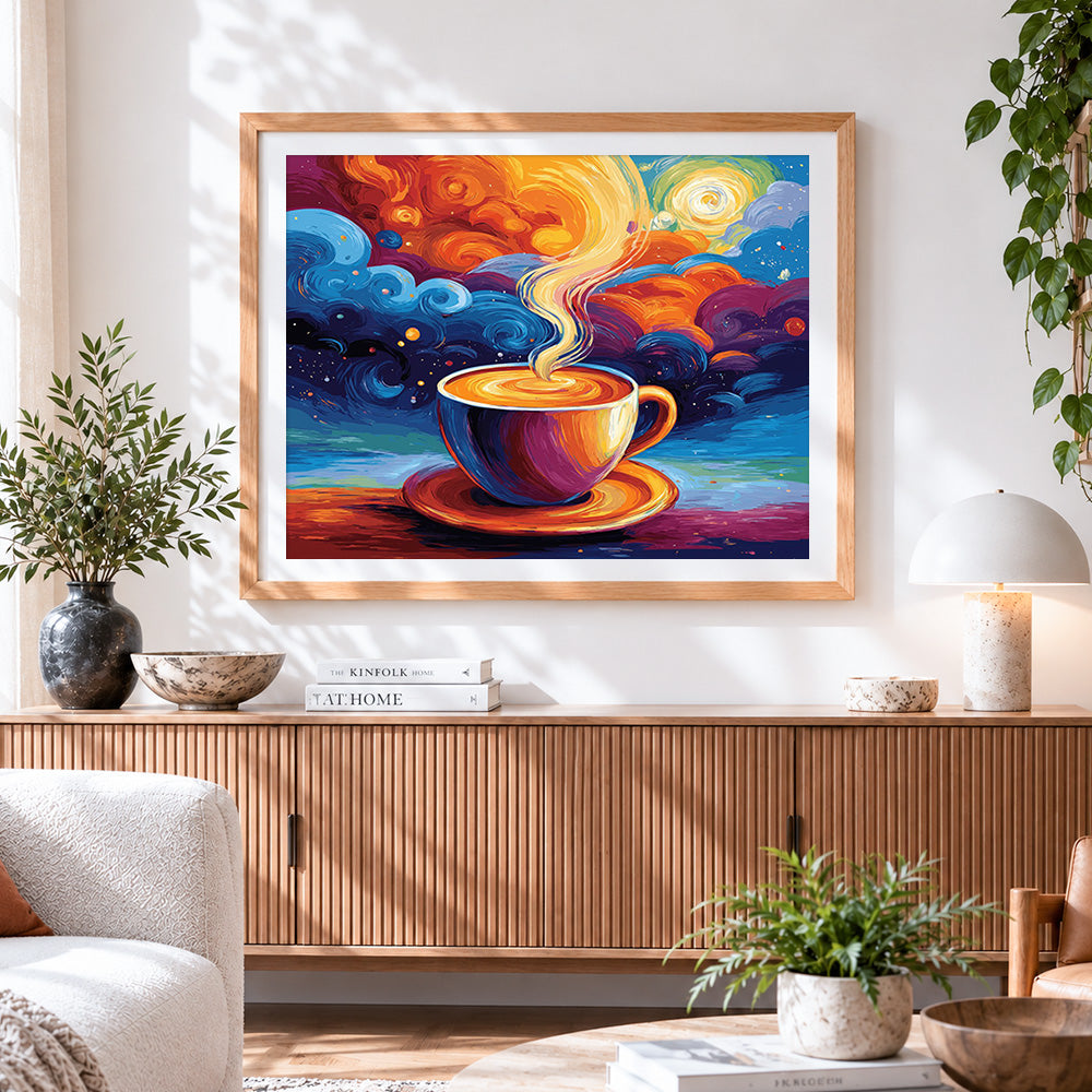 Finished colourful coffee cup and swirling clouds cross stitch artwork displayed