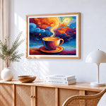 Colourful coffee cup and swirling clouds cross stitch artwork displayed on wall as home decor