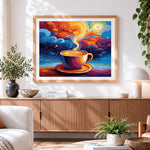 Finished colourful coffee cup and swirling clouds paint by numbers artwork displayed as home decor