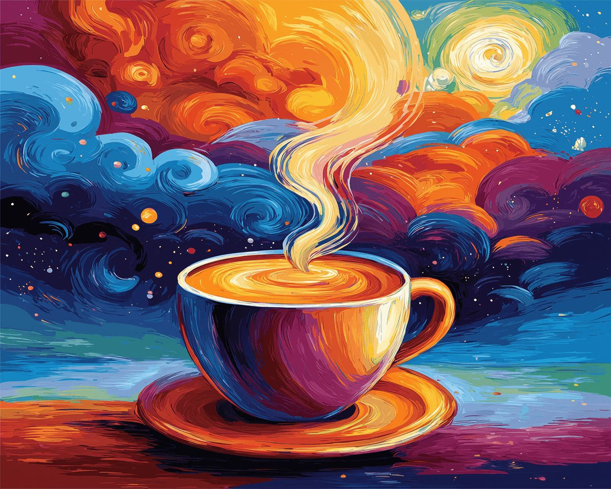 Colourful coffee cup and swirling clouds paint by numbers kit for beginners