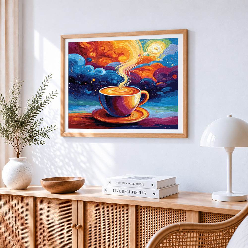 Colourful coffee cup and swirling clouds paint by numbers artwork displayed on wall as home decor