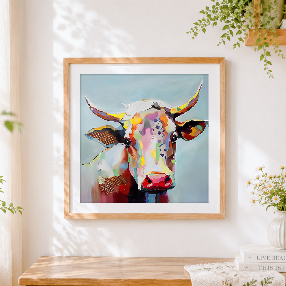 Finished colourful cow portrait cross stitch artwork displayed