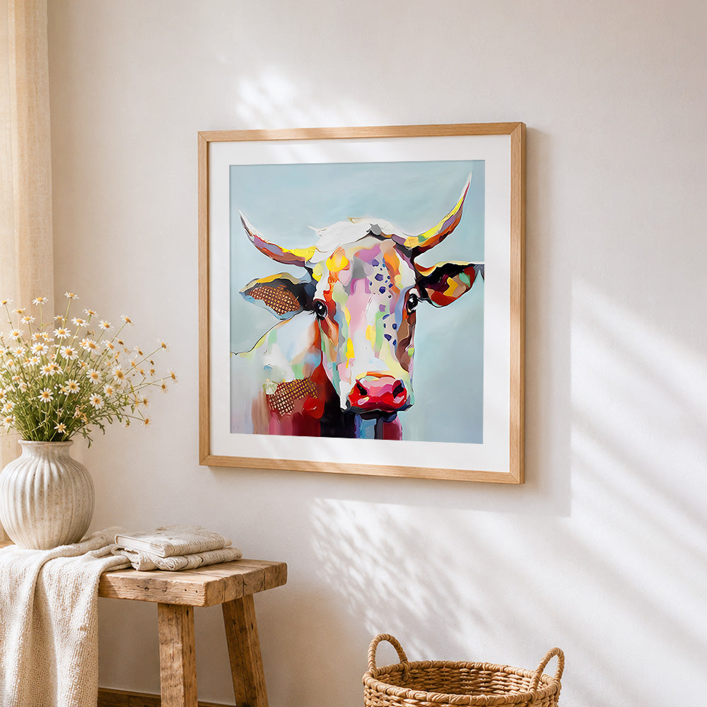 Colourful cow portrait cross stitch artwork displayed on wall as home decor