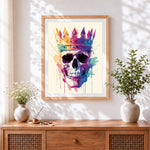 Finished colourful crowned skull cross stitch artwork displayed