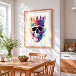 Colourful crowned skull cross stitch artwork displayed on wall as home decor