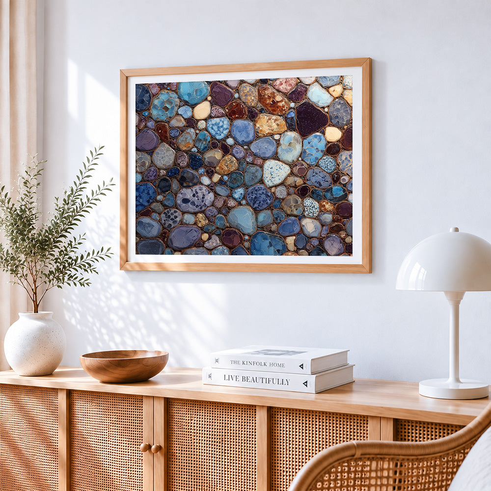 Colourful crystal gemstones paint by numbers artwork displayed on wall as home decor