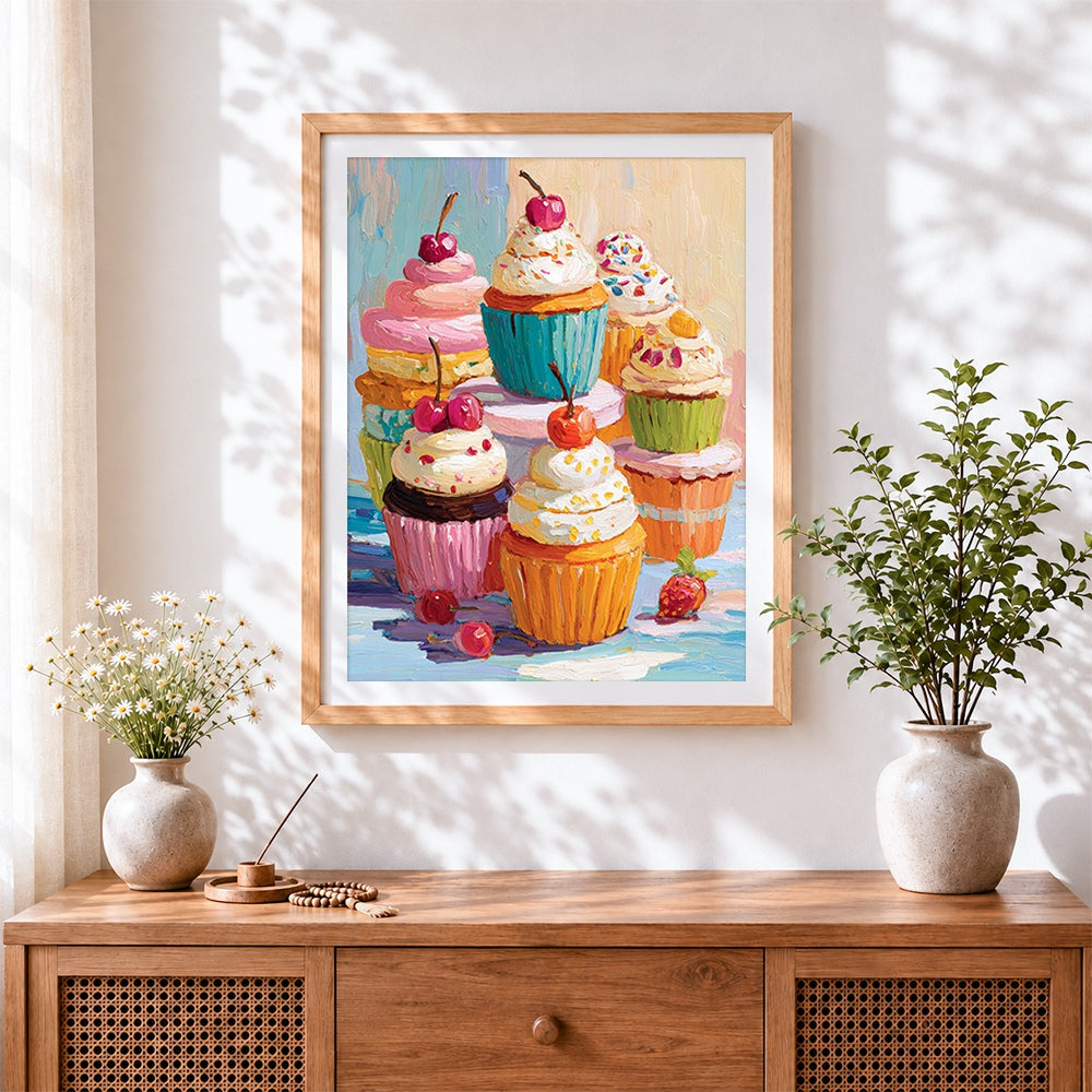 Finished colourful cupcakes cross stitch artwork displayed