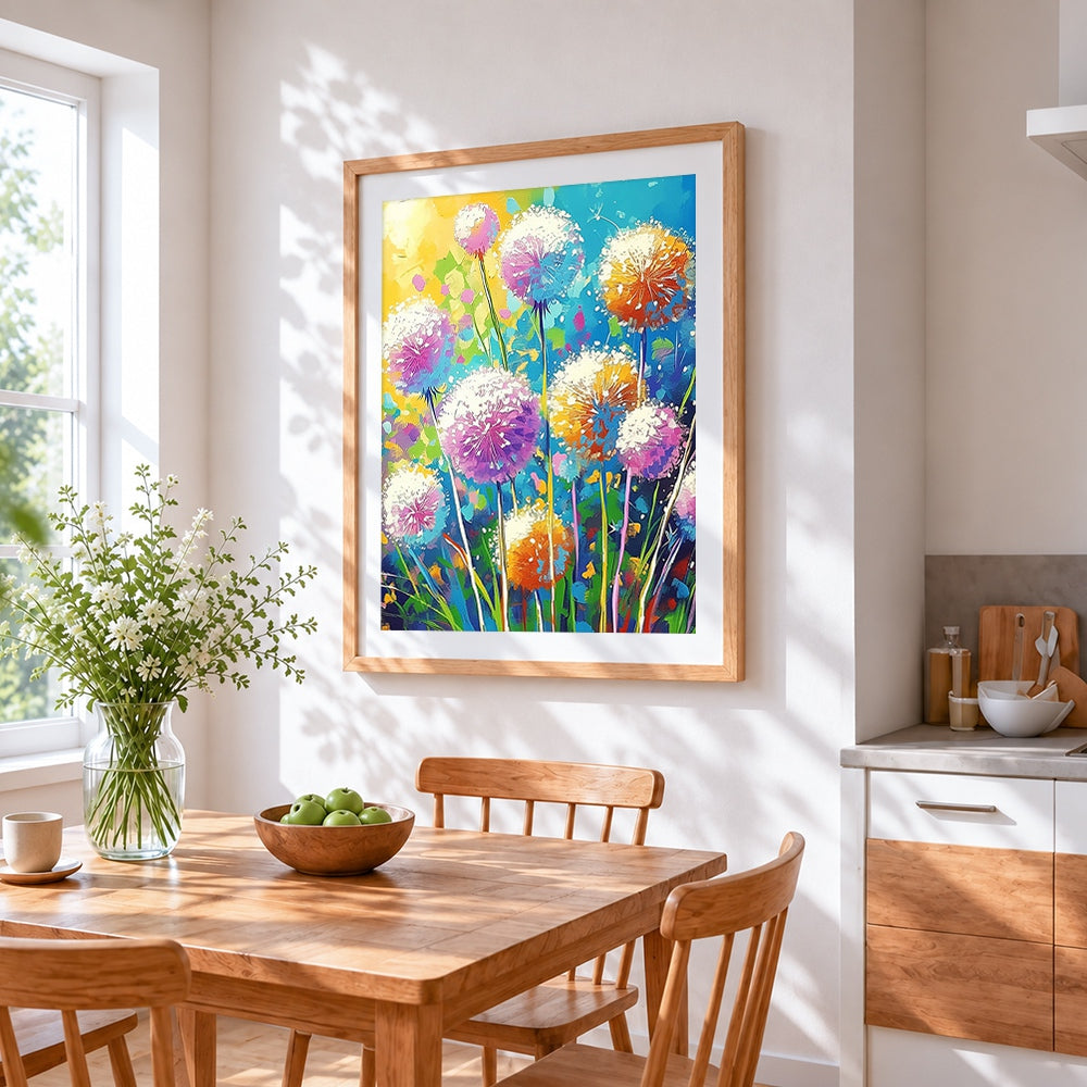 Colourful dandelions cross stitch artwork displayed on wall as home decor
