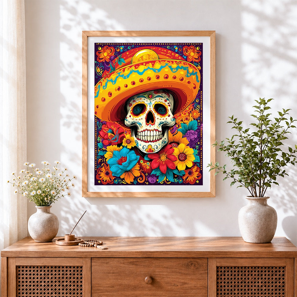 Finished colourful day of the dead skull cross stitch artwork displayed