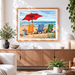 Finished colourful deck chairs on a sandy beach cross stitch artwork displayed